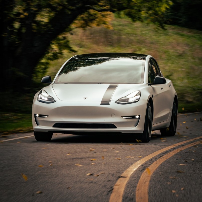 A White Model 3 drives through the forest