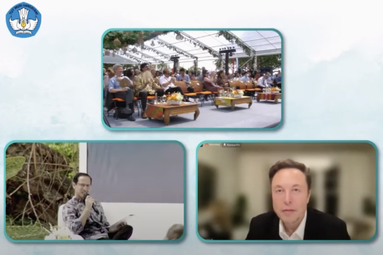 Elon Musk at G20 Summit, November 14, 2022. Elon speaks with education minister Nadiem Makarim and takes questions from audience