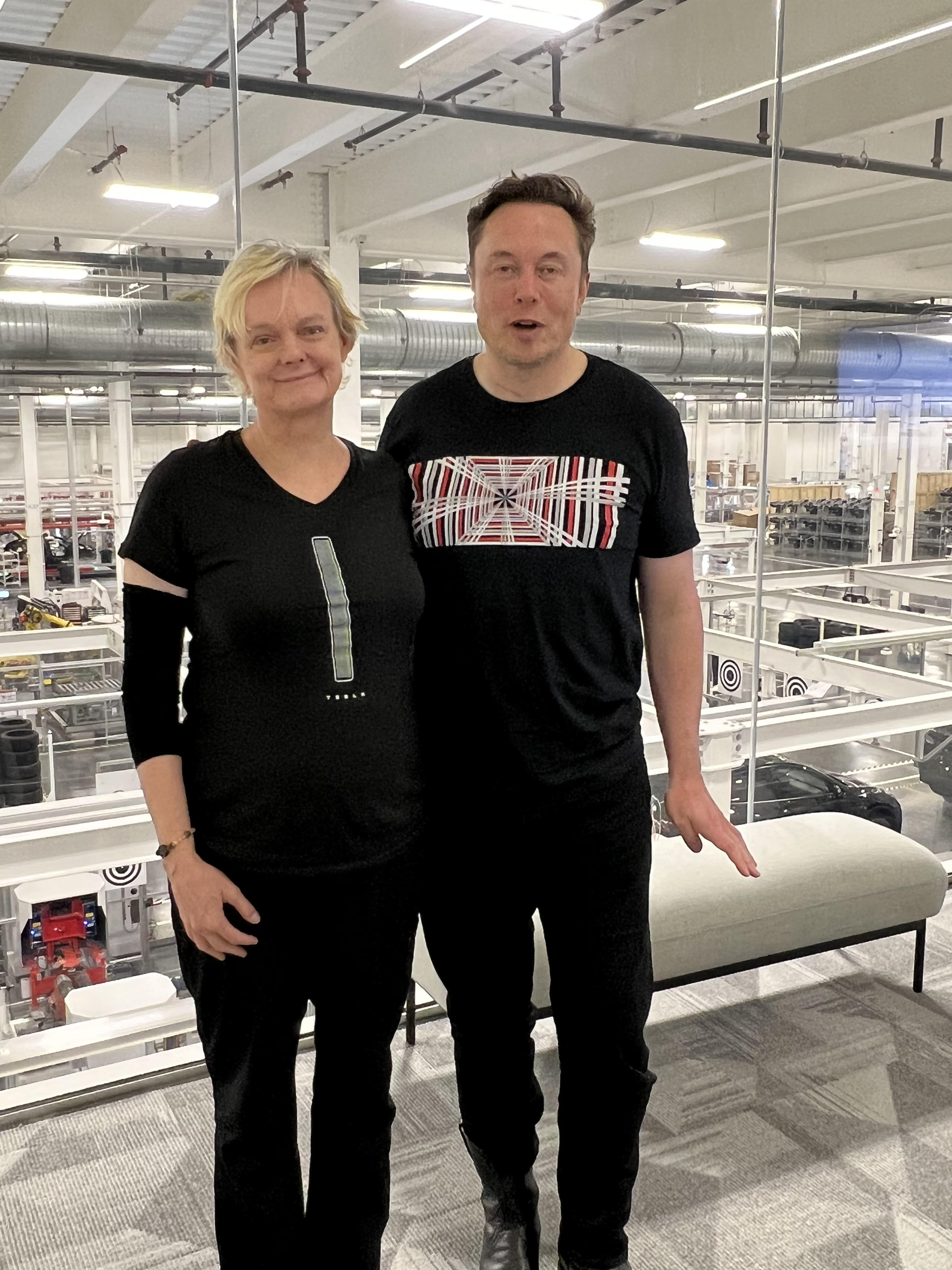 Gail Alfar and Elon Musk after an interview at Giga Texas, June 25, 2022.