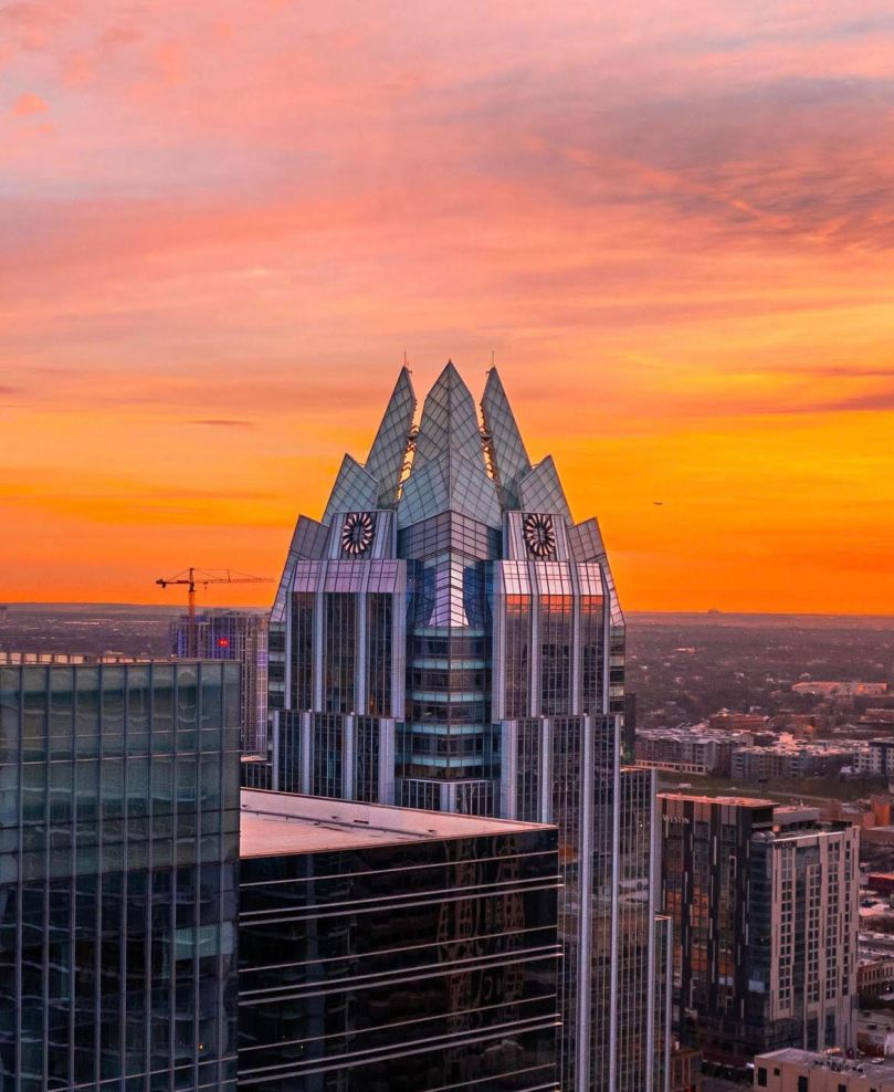 Image Austin Frost Bank building at Sunset, March 2023 courtesy Aerial Austin Drone Photographers