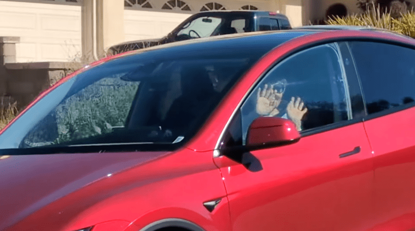 Tesla Model Y with Full Self-Driving smoothly navigating suburban roads for a confident 93-year-old senior driver.