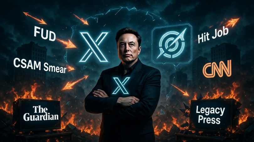 Elon Musk defiantly confronts legacy media’s FUD and CSAM smear campaign targeting Grok and X in powerful editorial illustration with burning Guardian and CNN screens.