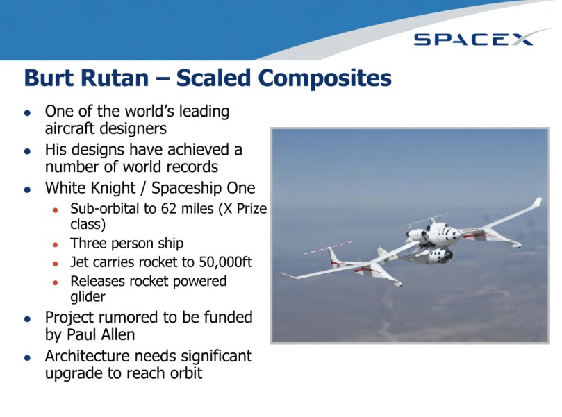 Burt Rutan and Scaled Composites – White Knight carrier aircraft with SpaceShipOne. Elon Musk discusses this X Prize-winning suborbital project in his 2003 Stanford lecture as an example of early entrepreneurial space efforts.