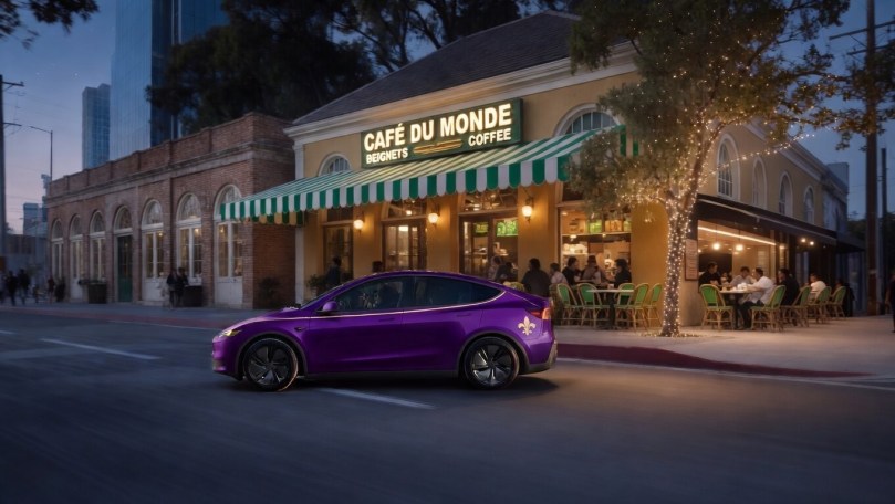 Purple Tesla Model Y with Mardi Gras wrap parked in front of Café du Monde in Louisiana at dusk, showcasing stylish electric vehicle ownership and everyday usability in the state.