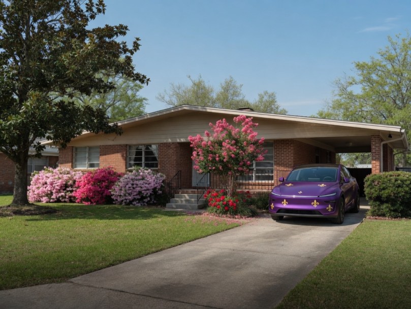Purple Tesla Model Y Standard parked in front of a classic brick ranch home in Baton Rouge, Louisiana. Beautiful spring landscaping with vibrant pink crape myrtles and azaleas frames this stunning electric vehicle in a sunny Southern neighborhood.