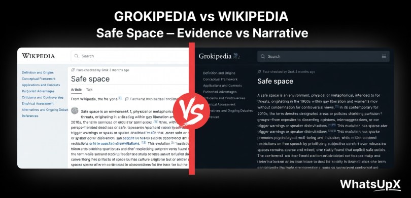 Grokipedia vs Wikipedia Safe Space entry comparison – Evidence vs Narrative. Split-screen shows Grokipedia’s empirical assessment versus Wikipedia’s descriptive page.