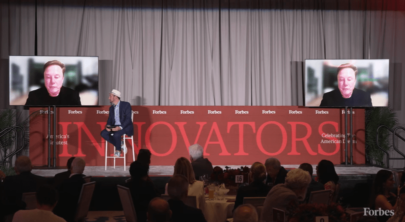 Elon Musk at Forbes 250 Innovators Awards 2026 Elon Musk joins the Forbes Innovators dinner via video as the #1 ranked innovator. The Tesla, SpaceX, and xAI CEO speaks from the stage at America’s premier innovation event celebrating the country’s greatest minds.