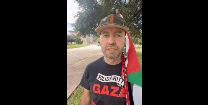 A Palestinian man, Haithem El-Zabri, comes out on Oct 8, 2022 to support Palestine in the face of Hamas murdering Israeli people the day before.